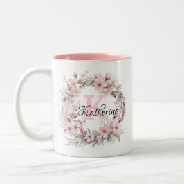 Caneca De Café Em Dois Tons Nome do Monograma de Cor Floral Floral Rosa Escamo