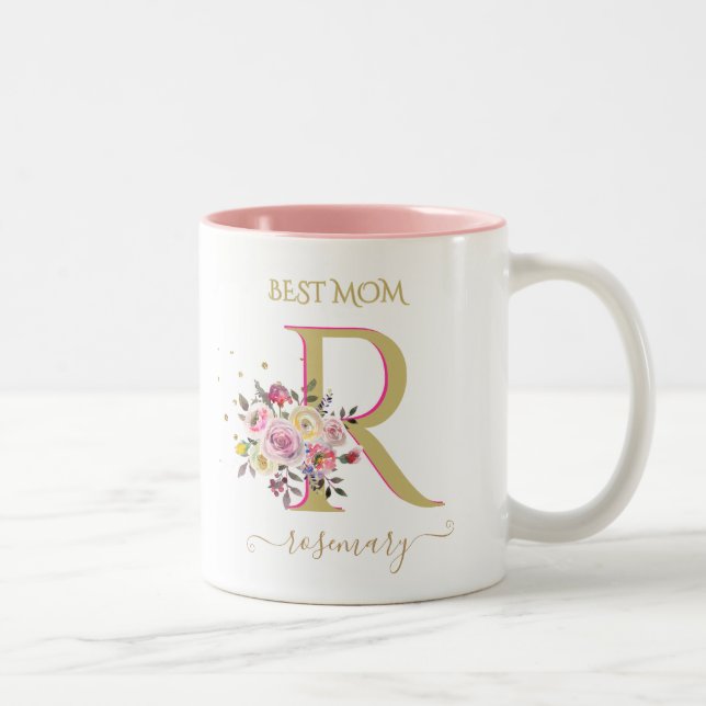 Caneca De Café Em Dois Tons Nome do Monograma Personalizado, Dourado, Floral E (Direita)