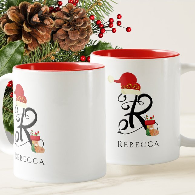 Caneca De Café Em Dois Tons Nome Elegante Moderno Script Letra R Natal (Criador carregado)