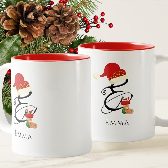 Caneca De Café Em Dois Tons Nome Elegante Monograma - Letra E Natal (Criador carregado)