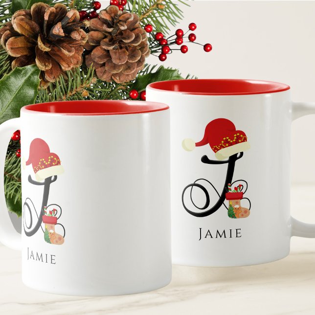 Caneca De Café Em Dois Tons Nome Elegante Script Moderno All Letter J Christma (Criador carregado)