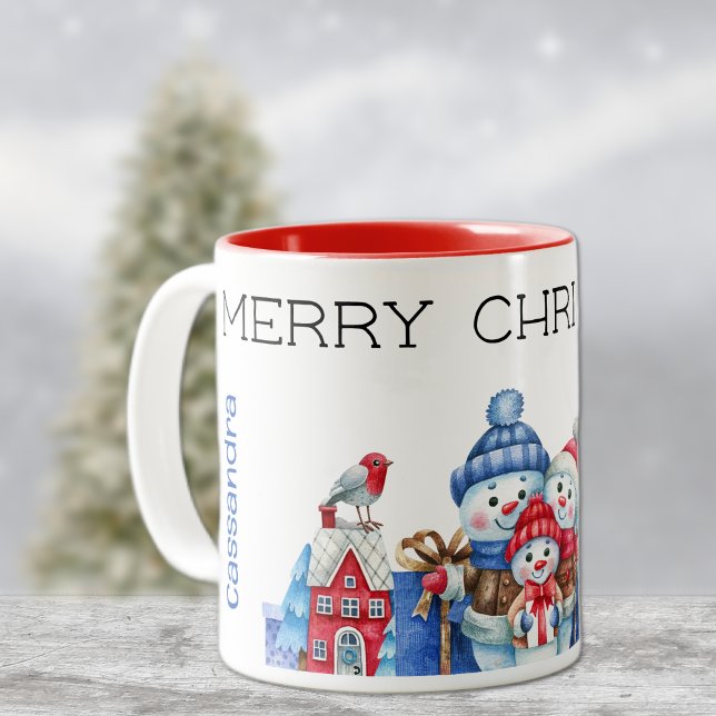 Caneca De Café Em Dois Tons Nome, Família Bonita Snowman Feliz Natal 11oz (Criador carregado)