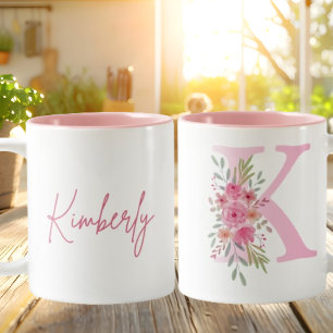 Caneca De Café Em Dois Tons Nome Floral Cor-de-Rosa Ilustrado Mug