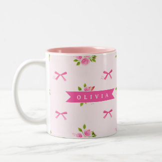 Caneca De Café Em Dois Tons Nome Floral em Arco Feminino Cor-de-Rosa Personali