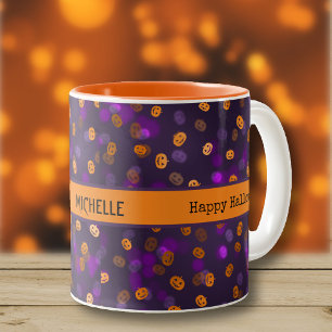 Caneca De Café Em Dois Tons Nome, Halloween Bokeh Happy Pumpkins 11oz