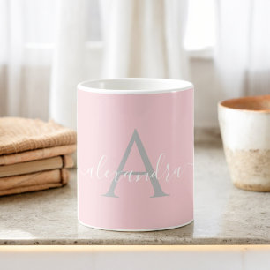 Caneca De Café Em Dois Tons Nome Inicial Monograma Branco Rosa Elegante Script