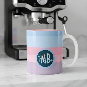 Caneca De Café Em Dois Tons Nome Listrado em Rosa e Azul Pastel Personalizado