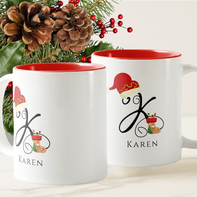 Caneca De Café Em Dois Tons Nome Monograma Moderno Letra K Natal (Criador carregado)