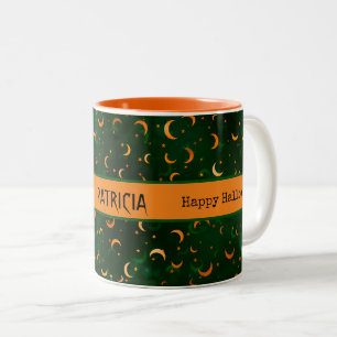 Caneca De Café Em Dois Tons Nome no Bokeh de Luas e Estrelas de Halloween 11oz