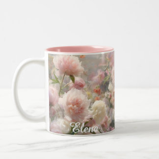 Caneca De Café Em Dois Tons Nome Peônias Rosa e Branco Pintura Aquarela