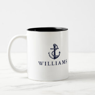 Caneca De Café Em Dois Tons Nome Personalizado Âncora de Barco Náutico Azul Ma