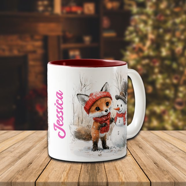 Caneca De Café Em Dois Tons Nome personalizado Baby Fox e Snowman (Criador carregado)