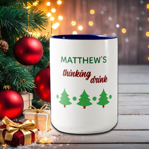 Caneca De Café Em Dois Tons Nome Personalizado Bebida Pensativa Natal Árvores