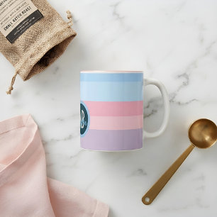 Caneca De Café Em Dois Tons Nome Personalizado Chic Pastel Listras Rosa e Azul