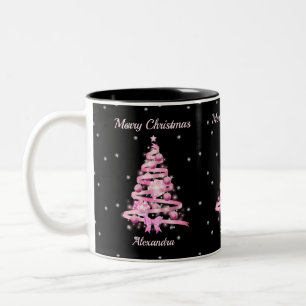 Caneca De Café Em Dois Tons Nome Personalizado da Árvore Rosa de Natal Elegant