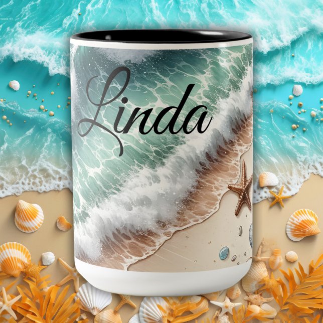 Caneca De Café Em Dois Tons Nome Personalizado da Praia de Areia Tropical Vibr (Criador carregado)