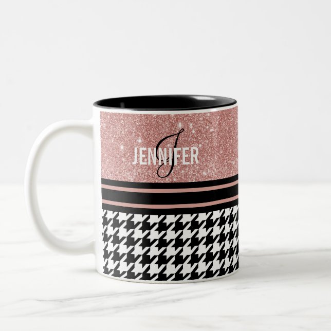 Caneca De Café Em Dois Tons Nome personalizado de Houndstooth do rosa de monog (Esquerda)