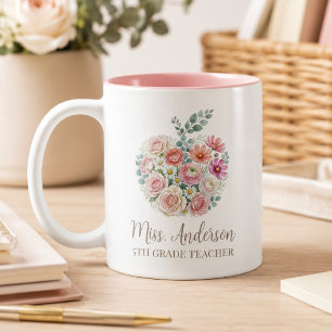 Caneca De Café Em Dois Tons Nome Personalizado do Professor e Maçã Floral da S