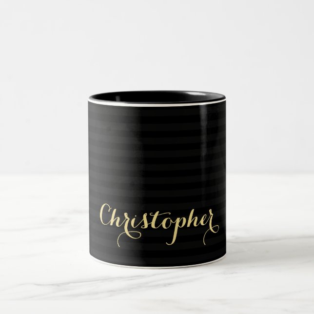 Caneca De Café Em Dois Tons Nome Personalizado Dourado Faux Elegante de Stripe (Centro)