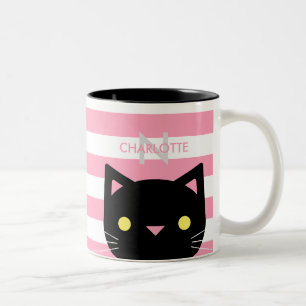 Caneca De Café Em Dois Tons Nome Personalizado e Inicial de Gato Preto Canto