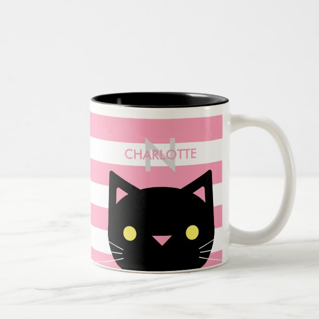 Caneca De Café Em Dois Tons Nome Personalizado e Inicial de Gato Preto Canto (Direita)