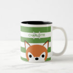 Caneca De Café Em Dois Tons Nome Personalizado e Inicial do Fox Cujo Cachinho<br><div class="desc">Uma caneca super fofa com listras verdes e brancas,  e uma raposa adorável.</div>