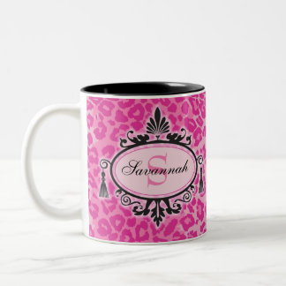 Caneca De Café Em Dois Tons Nome Personalizado e Monograma do Padrão Leopardo