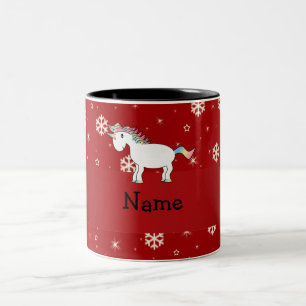 Caneca De Café Em Dois Tons Nome personalizado flocos de neve unicórnios verm