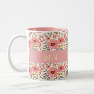 Caneca De Café Em Dois Tons Nome Personalizado Floral Vintage Elegante