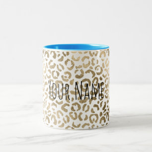 Caneca De Café Em Dois Tons Nome Personalizado Impressão Leopard Dourada