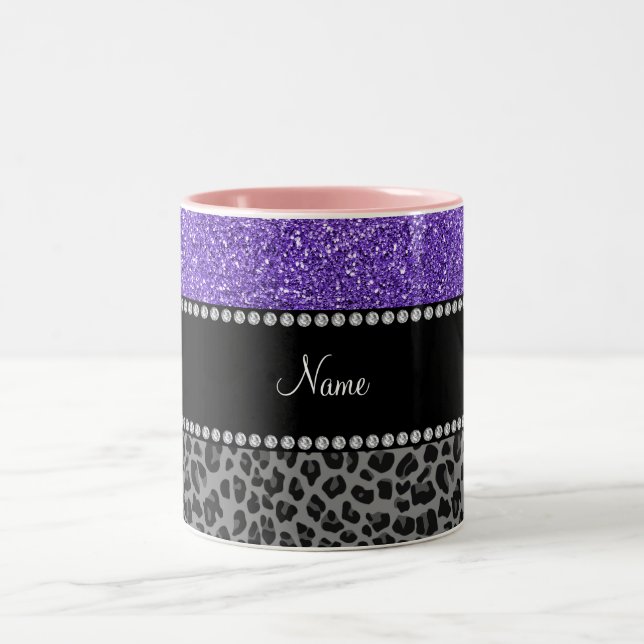 Caneca De Café Em Dois Tons Nome personalizado leopardo preto brilhante roxo (Centro)