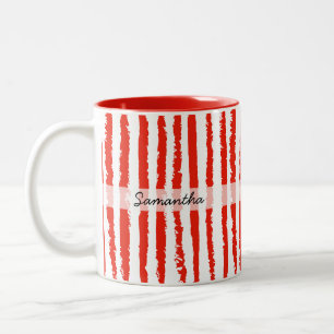 Caneca De Café Em Dois Tons Nome Personalizado Listrado Vermelho Chique