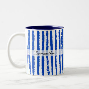 Caneca De Café Em Dois Tons Nome Personalizado Preppy Azul Listrado