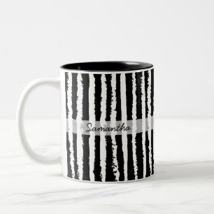Caneca De Café Em Dois Tons Nome Personalizado Preppy Listras Pretas e Brancas