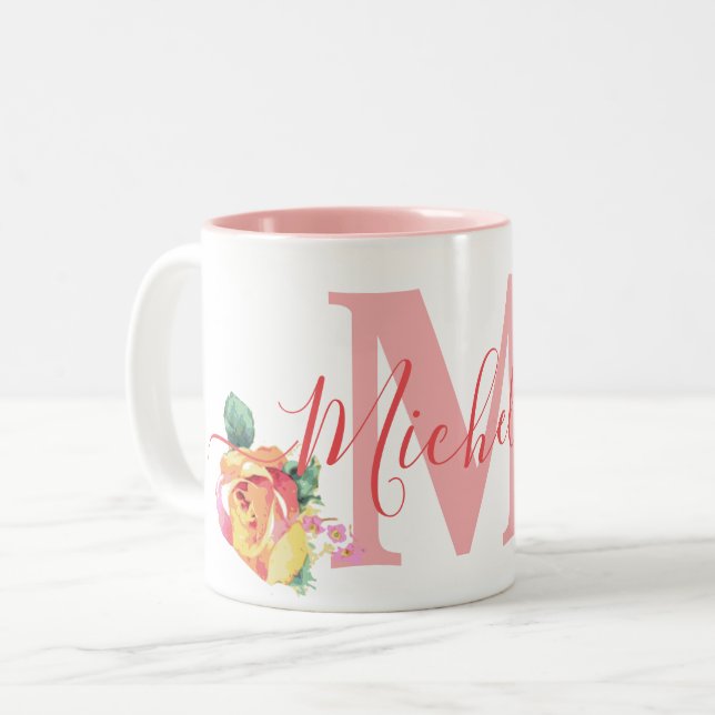 Caneca De Café Em Dois Tons Nome personalizado Rosas de pintura aquosa Floral  (Frente Esquerda)