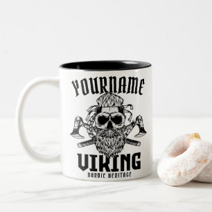 Caneca De Café Em Dois Tons NOME Personalizado Viking Nordic Warrior Heritage