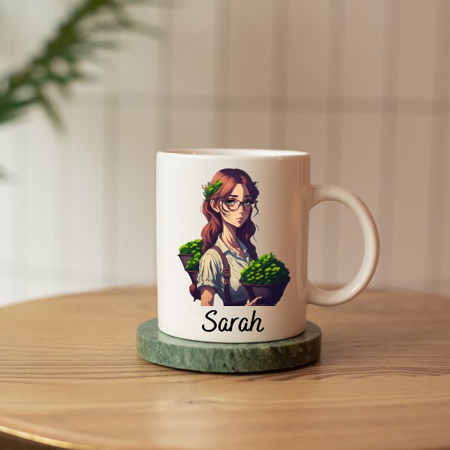Caneca De Café Em Dois Tons Nome Personalizável De Uma Rapariga De Plantas Pot (Criador carregado)