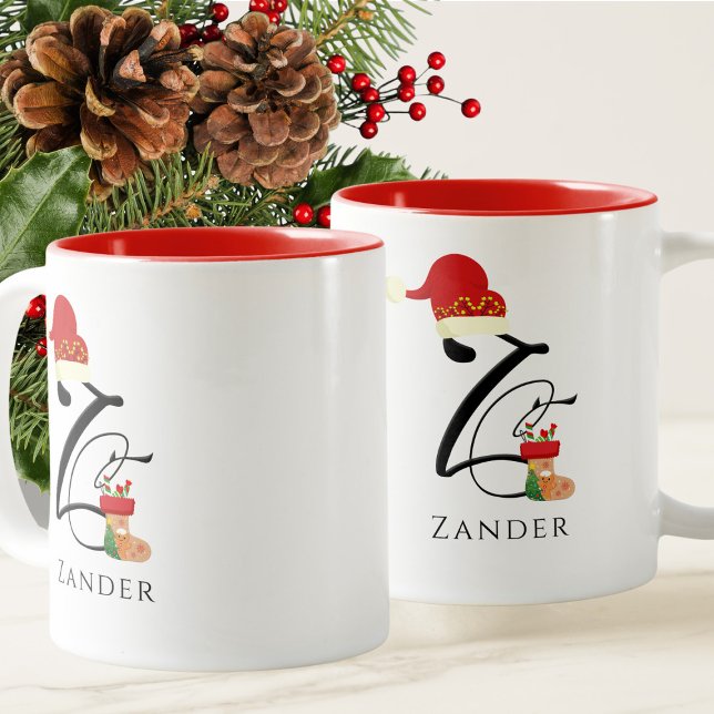 Caneca De Café Em Dois Tons Nome Z Inicial Script Elegante Natal Moderno (Criador carregado)