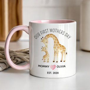 Caneca De Café Em Dois Tons Nosso Primeiro Dia das Mães, Girafa Mamãe e Bebê M