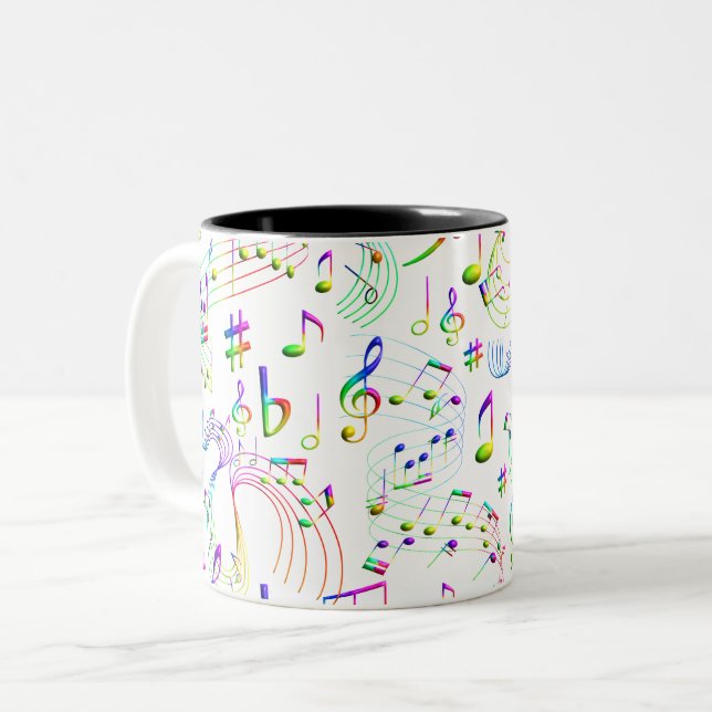 Caneca De Café Em Dois Tons Notas Musicais Coloridas (Frente Esquerda)