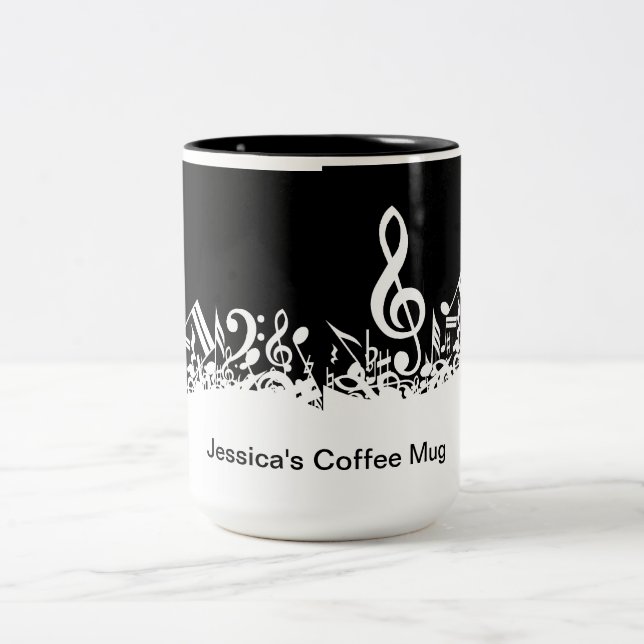 Caneca De Café Em Dois Tons Notas musicais misturadas brancas personalizadas (Centro)