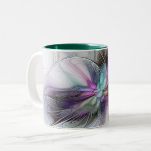 Caneca De Café Em Dois Tons Nova Vida, Arte Fantasia Abstrata Colorida Fractal