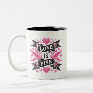 Caneca De Café Em Dois Tons O amor é rosa - pombas e fitas