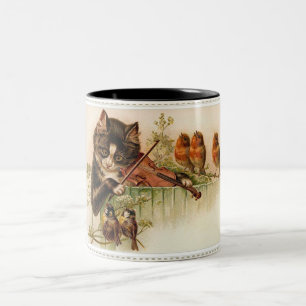 Caneca De Café Em Dois Tons O gato do Victorian joga o violino para aves