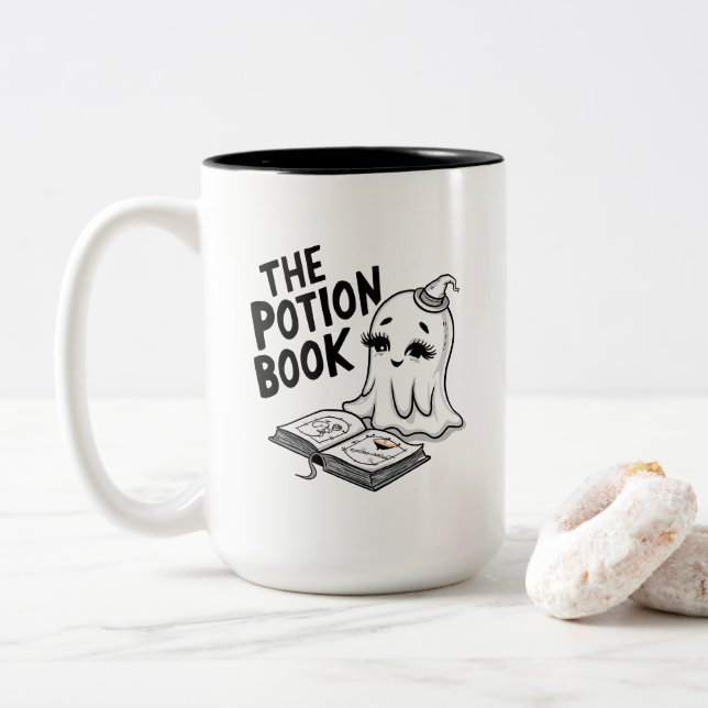 Caneca De Café Em Dois Tons O Livro Da Poção Para O Halloween (Com Donut)