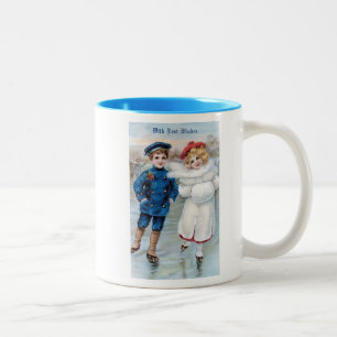 Caneca De Café Em Dois Tons O natal vintage carda com patinagem no gelo das