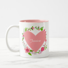 Caneca De Café Em Dois Tons O(s) seu(s) nome(s) em uma caneca de Coração e Flo