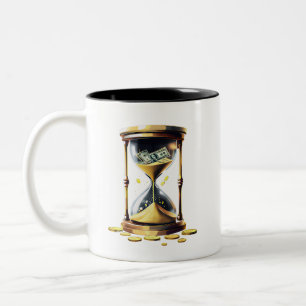 Caneca De Café Em Dois Tons O Tempo É Dinheiro Ampulheta Moedas Douradas Empre