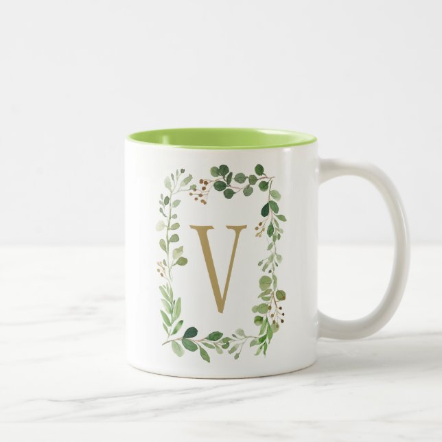 Caneca De Café Em Dois Tons O verde ideal botânico deixa o monograma (Direita)
