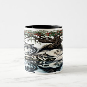 Caneca De Café Em Dois Tons Oásis da Família Serene Wolf em Natureza Idílica